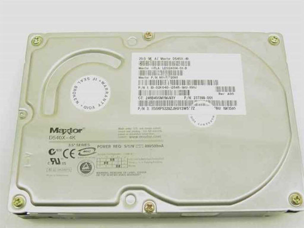Maxtor D540X-4K 20GB 3.5" IDE hard drive – top label view showing model, specs, and warranty void sticker