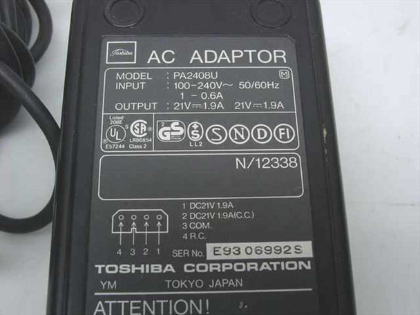 Toshiba PA2408U label showing model number, 100-240V input, 21VDC 1.9A dual output, 4-pin connector pinout, and safety certifications