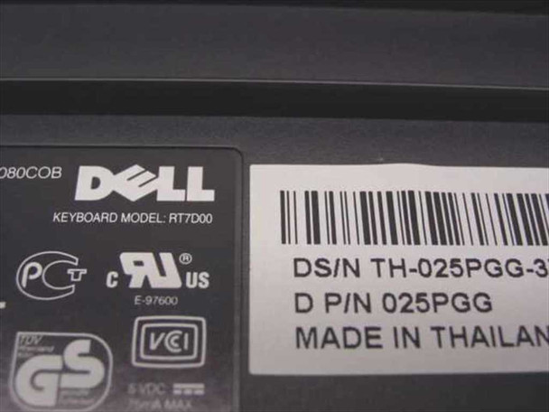 Dell RT7D00 keyboard underside label showing model RT7D00, Dell P/N 025PGG, made in Thailand