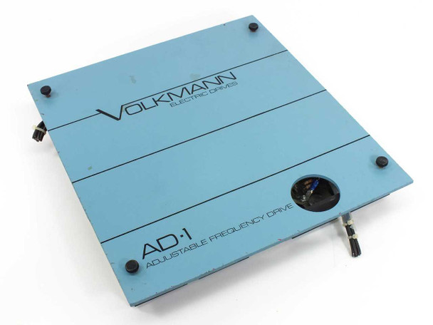 Volkmann AD-1 Adjustable Frequency Drive Board 20001BBG1M1021 – top cover panel with logo and model label, light blue enclosure