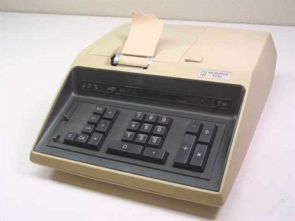 Litton Monroe 1330 Electronic Printing Calculator — front and right 3/4 view showing numeric keypad, function keys, and paper tape exiting top