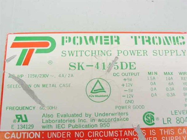 Power Tronics SK-4145DE label showing switching power supply specs: 115V/230V input, DC output ratings, UL/CSA/TUV certifications