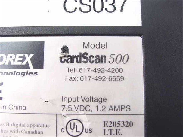 Corex CardScan 500 bottom label showing model name, Corex Technologies branding, input voltage 7.5 VDC 1.2 Amps, Made in China, UL listing E205320
