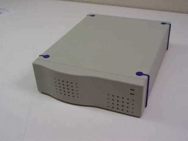 SCSI external hard drive enclosure front and top view — beige desktop case with blue rubber corner bumpers and front ventilation holes