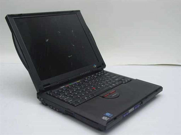 IBM ThinkPad 2611-472 laptop open showing cracked LCD screen with visible fracture lines and full keyboard