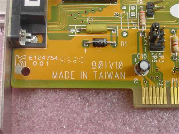 Kouwell 80IV10 PCI SCSI card — close-up of PCB silkscreen showing E124754 001 board marking, '80IV10', and 'MADE IN TAIWAN' text