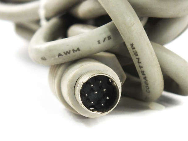 Preh PC-POS-JUN keyboard cable — close-up of 8-pin Mini DIN male connector end and AWM-rated jacket markings