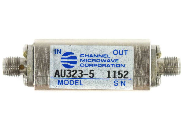 Channel Microwave AU323-5 coaxial isolator top label view showing model number and IN/OUT SMA connectors