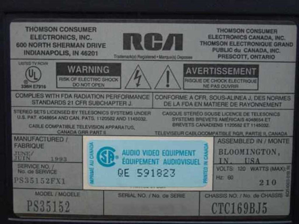 ProScan PS35152 rating plate label showing model PS35152FX1, chassis CTC169BJ5, 120V 60Hz 210W, manufactured June 1993, assembled in USA