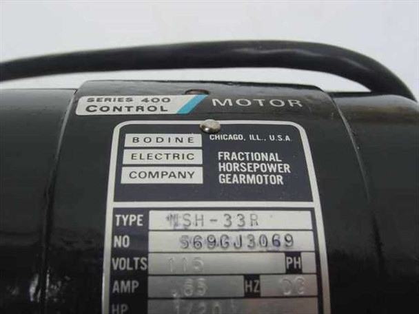 Bodine Electric NSH-33R nameplate close-up showing Series 400 Control Motor, 115V DC, 0.65A, 1/20 HP, serial number S69CJ3069