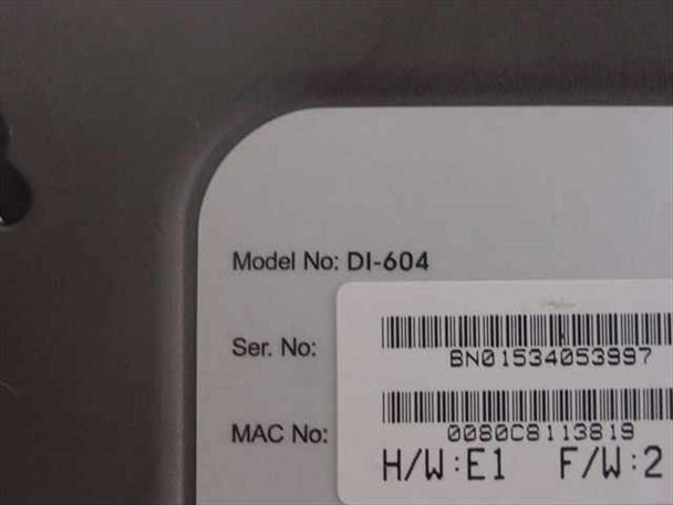 D-Link DI-604 bottom label close-up showing model DI-604, serial number BN01534053997, MAC 0080C8113819, H/W E1, F/W 2.18