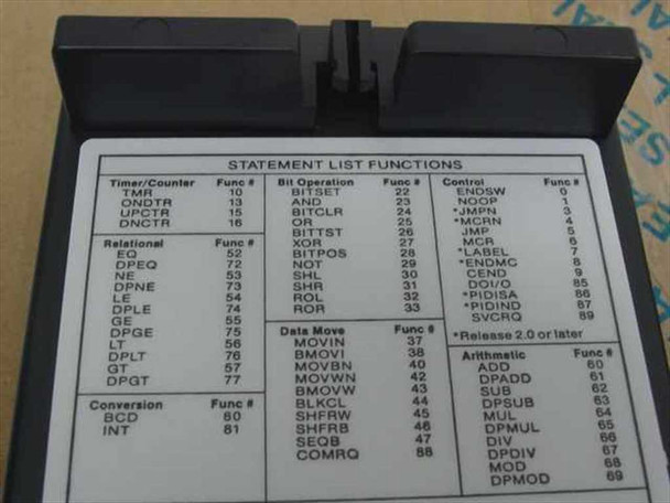 GE Fanuc IC693PRG300E Statement List Functions reference card showing timer, relational, bit operation, data move, arithmetic, and control function codes