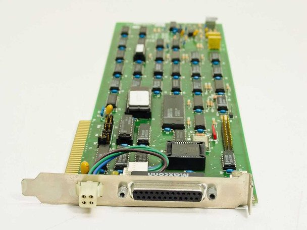 Mountain 05-30466-02 ISA Tape Controller Card – angled view showing DB25 connector bracket, Moxcon chip, and component side detail