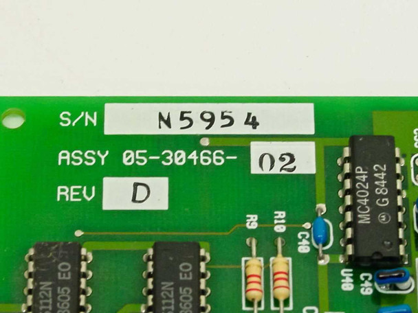 Mountain 05-30466-02 board label closeup showing S/N N5954, ASSY 05-30466-02, REV D, and MC4024P IC