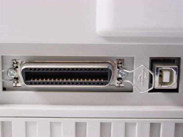 Brother IntelliFAX 2900 rear connector panel – Centronics 36-pin parallel port and USB Type-B port