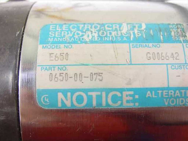 Electro-Craft E650 servo motor – close-up of label showing Model No. E650, Part No. 0650-00-075, manufactured in USA by Electro-Craft Servo Products
