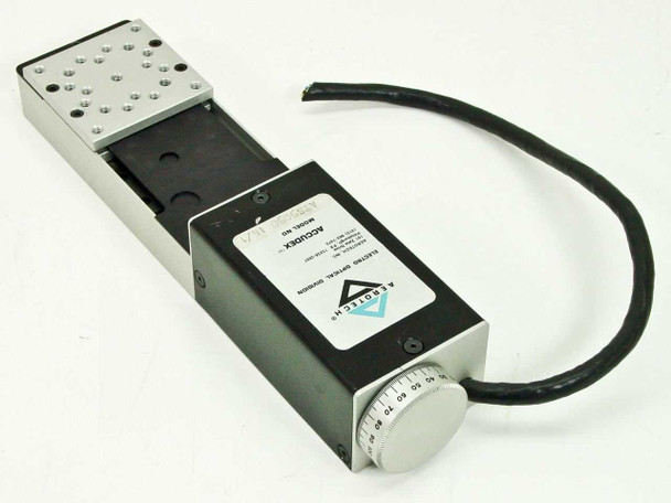 Aerotech ATS5050 Accudex linear slide — opposite three-quarter view showing manual micrometer adjustment knob on end of stepper motor housing