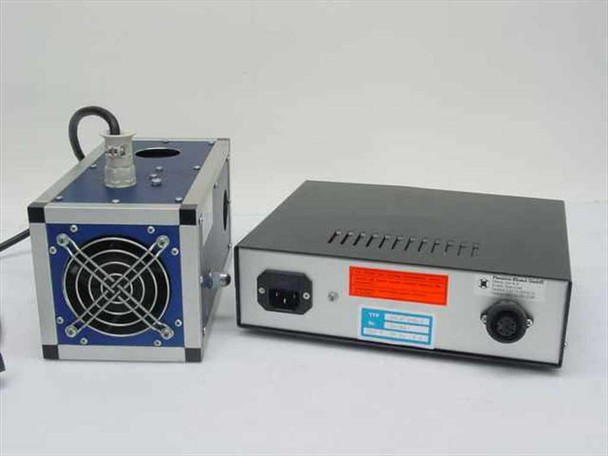 Panacol-Elosol UV-P 250-S UV lamp head rear showing cooling fan and IEC power inlet, alongside power supply rear panel with IEC inlet, orange warning label, blue rating label, and round multi-pin connector