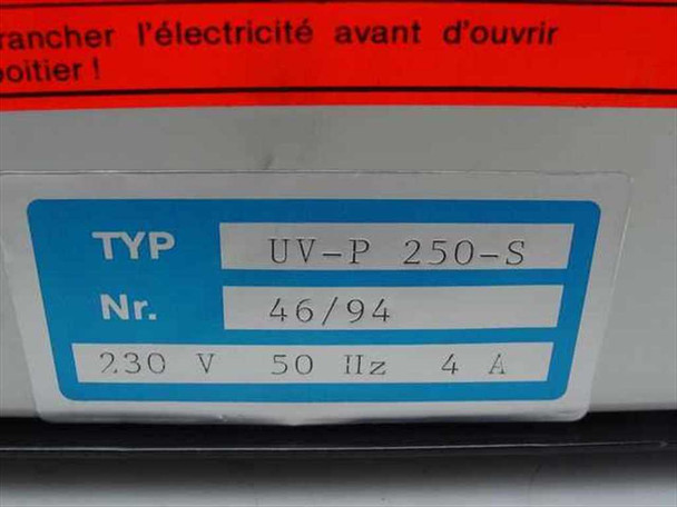 Panacol-Elosol UV-P 250-S power supply rating label showing TYP: UV-P 250-S, Nr: 46/94, 230V 50Hz 4A — close-up detail