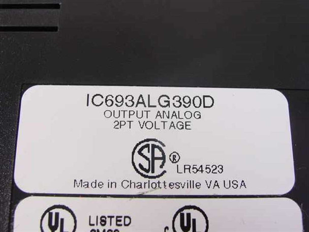 GE Fanuc IC693ALG390D label closeup showing model number, Output Analog 2PT Voltage, CSA LR54523 and UL Listed markings, Made in Charlottesville VA USA