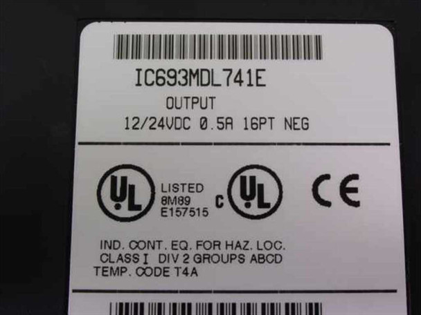 GE Fanuc IC693MDL741E label close-up showing model number, OUTPUT 12/24VDC 0.5A 16PT NEG, UL listing 8M89 E157515, CE mark, and Class I Div 2 hazardous location rating