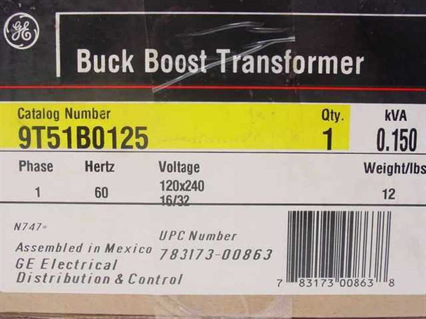 GE 9T51B0125 Buck Boost Transformer box label showing catalog number, 0.150 kVA, 120x240V, 1-phase, 60Hz, UPC 783173-00863