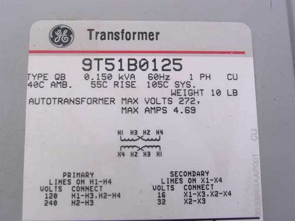 GE 9T51B0125 rating plate showing Type QB, 0.150 kVA, 60Hz, 1PH, max 272V autotransformer, 4.69A, wiring diagram