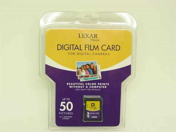 Lexar Media 32MB SD Digital Film Card — front of sealed retail clamshell packaging showing card and branding