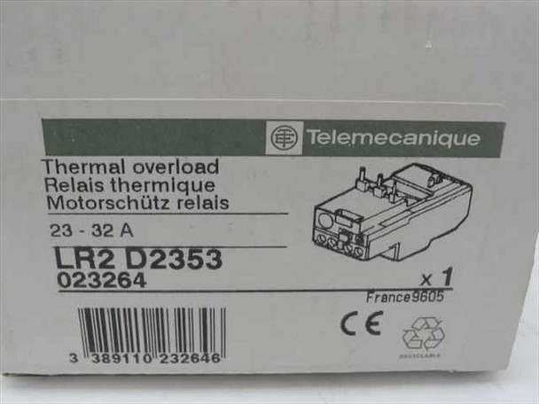 Telemecanique LR2-D2353 box label showing 23-32A rating, part number 023264, CE mark, and France9605 date code