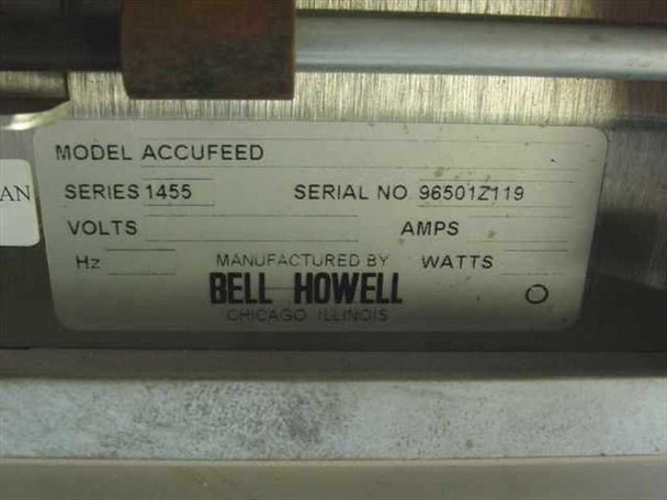 Bell Howell 1455 Accufeed rating plate label showing Model Accufeed, Series 1455, manufactured by Bell Howell, Chicago Illinois