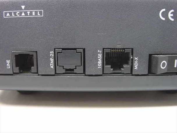 Alcatel 1000 ADSL modem – close-up of rear port labels: LINE, ATMF-25, 10BASE-T, MDI-X with CE mark and Alcatel logo