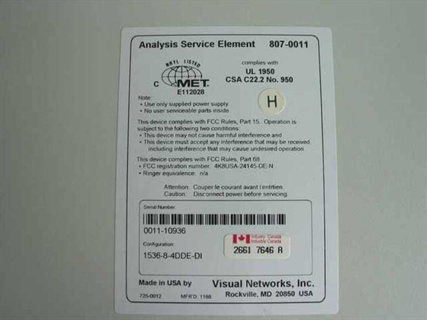 Visual Networks 807-0011 Analysis Service Element rear label showing model number, serial number barcode, configuration 1536-8-4DDE-DI, UL/CSA certifications, FCC compliance, and Made in USA by Visual Networks Inc. Rockville MD