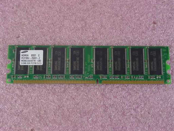 Samsung M368L6423ETN-CB3 512MB DDR PC2700 184-pin DIMM – front view showing label and Samsung K4H560838E memory chips