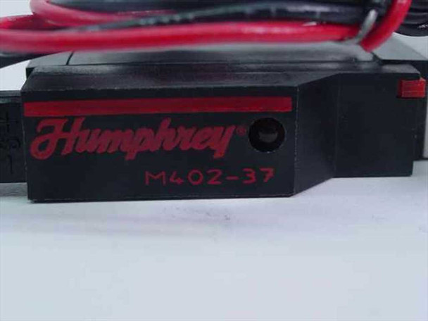 Close-up of Humphrey M402-37 solenoid body showing model number and Humphrey logo printed in red on black housing