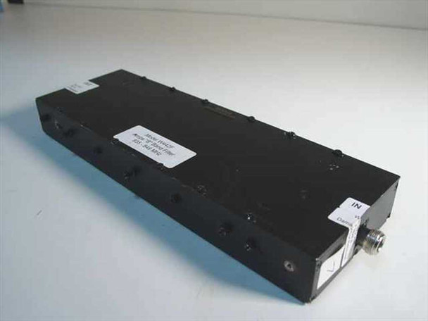 Wireless Technologies Corp W442F AMPS B Band Filter 835-849 MHz – top angled view showing black aluminum body and label, SMA connector visible on right end