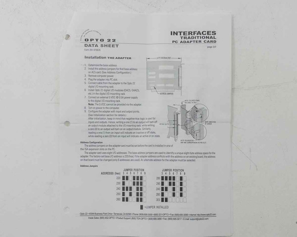 Opto 22 AC5 data sheet page 1 – 'Interfaces Traditional PC Adapter Card' installation instructions and address configuration jumper table