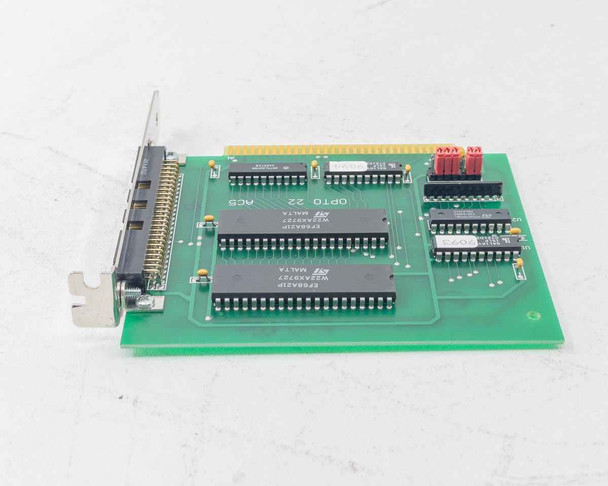 Opto 22 AC5 PCB – reverse top-down view showing dual SGS-Thomson EF68A21IP controller chips and red jumper blocks