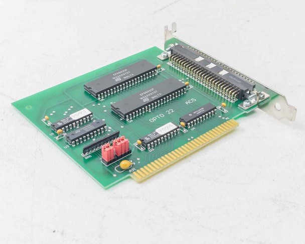 Opto 22 AC5 PCB top view – showing 'OPTO 22 AC5' silkscreen, dual EF68A21IP ICs, DIP header banks, and ISA edge connector