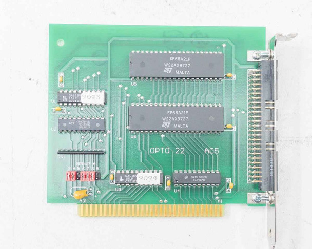 Opto 22 AC5 PCB close-up – clearly showing 'OPTO 22 AC5' silkscreen, two EF68A21IP W22AX9727 MALTA chips, and ISA gold-finger edge connector
