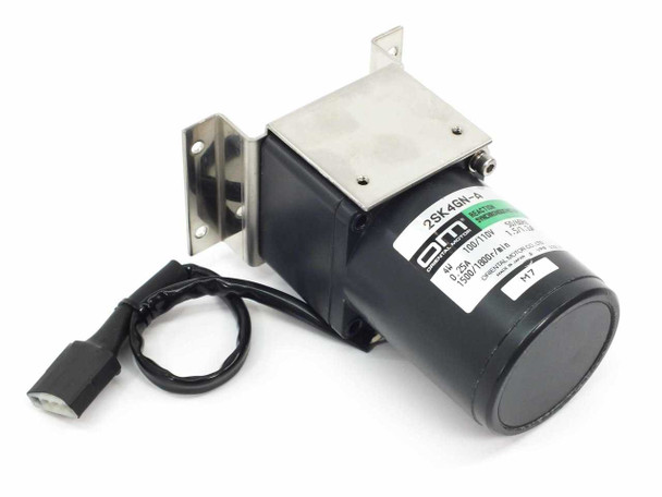Oriental Motor 2SK4GN-A Reaction Synchronous Motor with 2GN30K Gear Head — three-quarter front view showing motor body, stainless mounting bracket, and lead wire connector