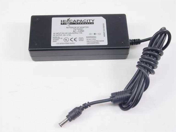 Hi Capacity AC-C25H Notebook AC Adapter — top/front view showing label, barrel plug output cable, and IEC input end