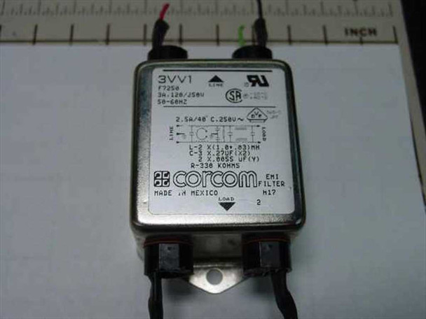 Corcom 3VV1 F7250 EMI line filter front label view showing model, voltage, and component ratings