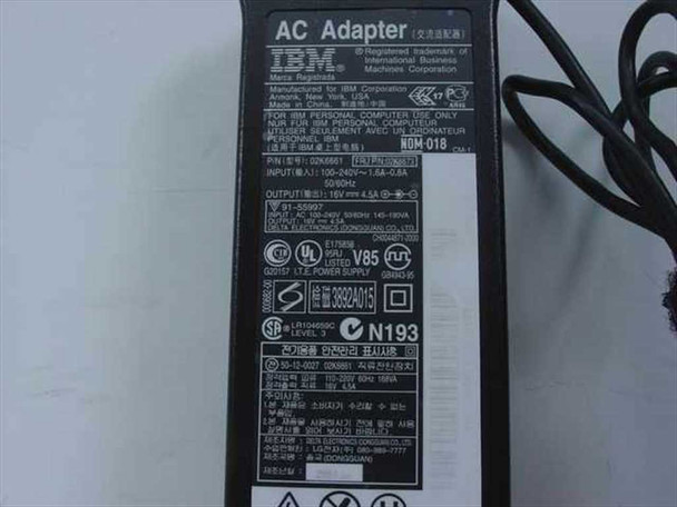 IBM 02K6661 AC adapter rating label showing 16V 4.5A output, 100-240V input, model and part number details