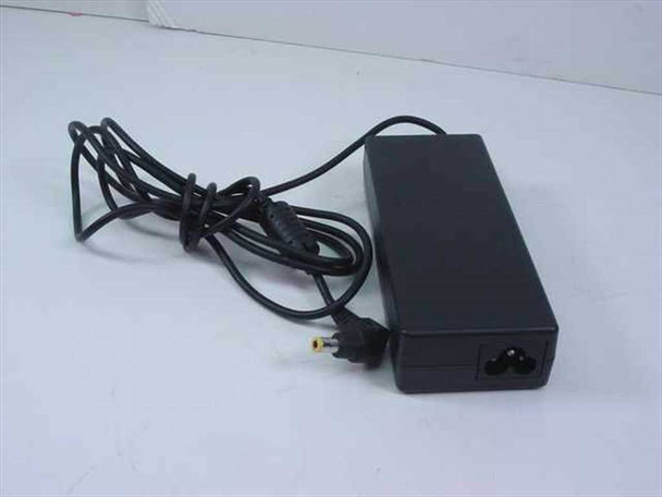 Panasonic CF-AA1653A AC adapter – opposite angle showing IEC C5 cloverleaf AC inlet and DC output cable with yellow barrel connector