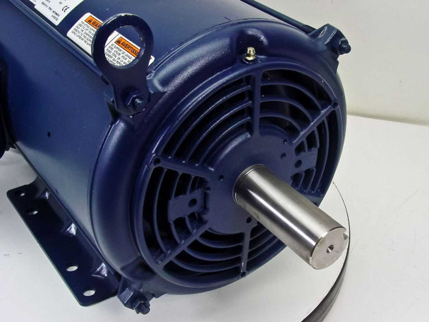 Marathon Electric X70421341020 motor drive end close-up showing clean steel output shaft and cooling fan shroud