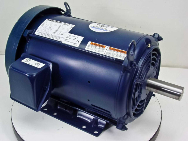Marathon Electric X70421341020 7.5HP 3-Phase 213T motor — three-quarter front view showing nameplate, blue housing, foot mount base, and output shaft