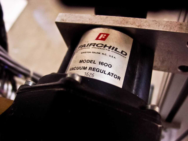 Fairchild Model 1600 Vacuum Regulator label – close-up showing model number and Winston-Salem NC USA manufacturer information