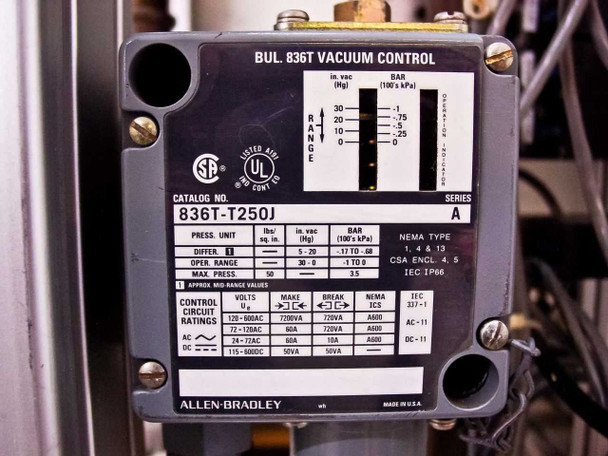 Allen-Bradley BUL. 836T Vacuum Control unit label – showing Cat. No. 836T-T250J Series A, CSE/UL listed, NEMA Type 1/4/13 ratings