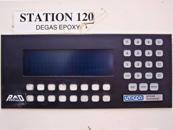 Uticor PMD 450 controller face close-up – showing LCD display, membrane keypad, PAD450 and Uticor Technology branding, Station 120 / Degas Epoxy label