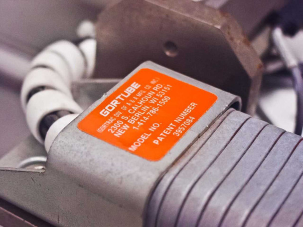 Gortube flexible conduit label – orange label showing Gortube brand, New Berlin WI, Model No. 3957084 patent number